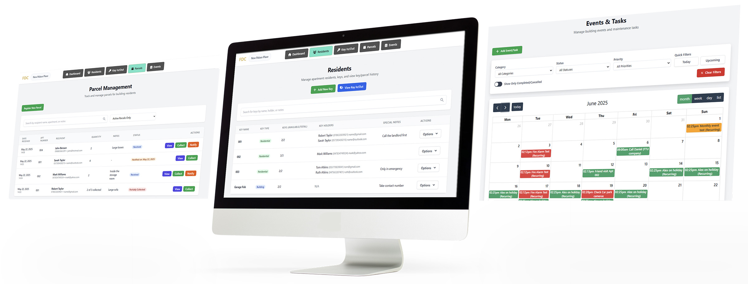 FrontDesk Control concierge software dashboard showing key management and parcel tracking for residential buildings