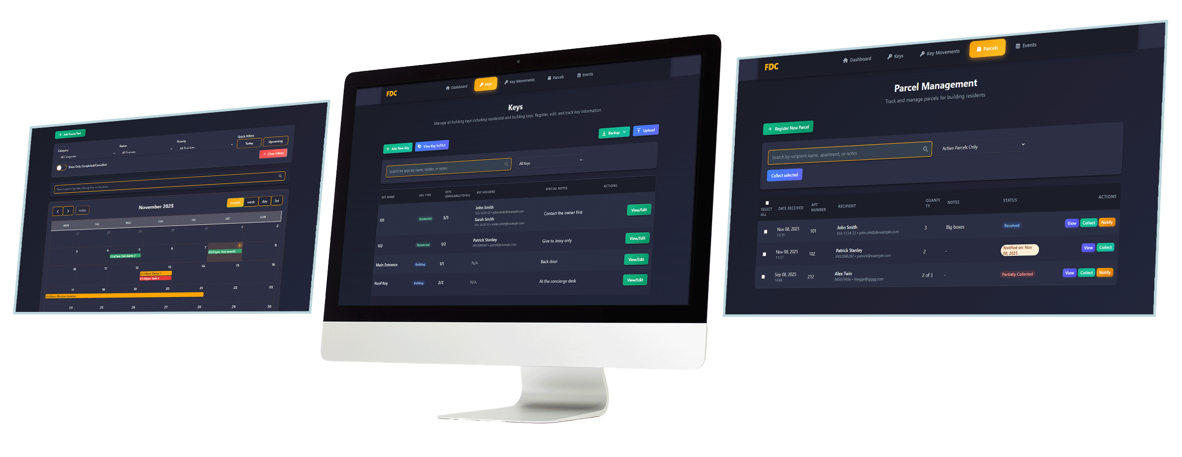FrontDesk Control concierge software dashboard showing key management and parcel tracking for residential buildings