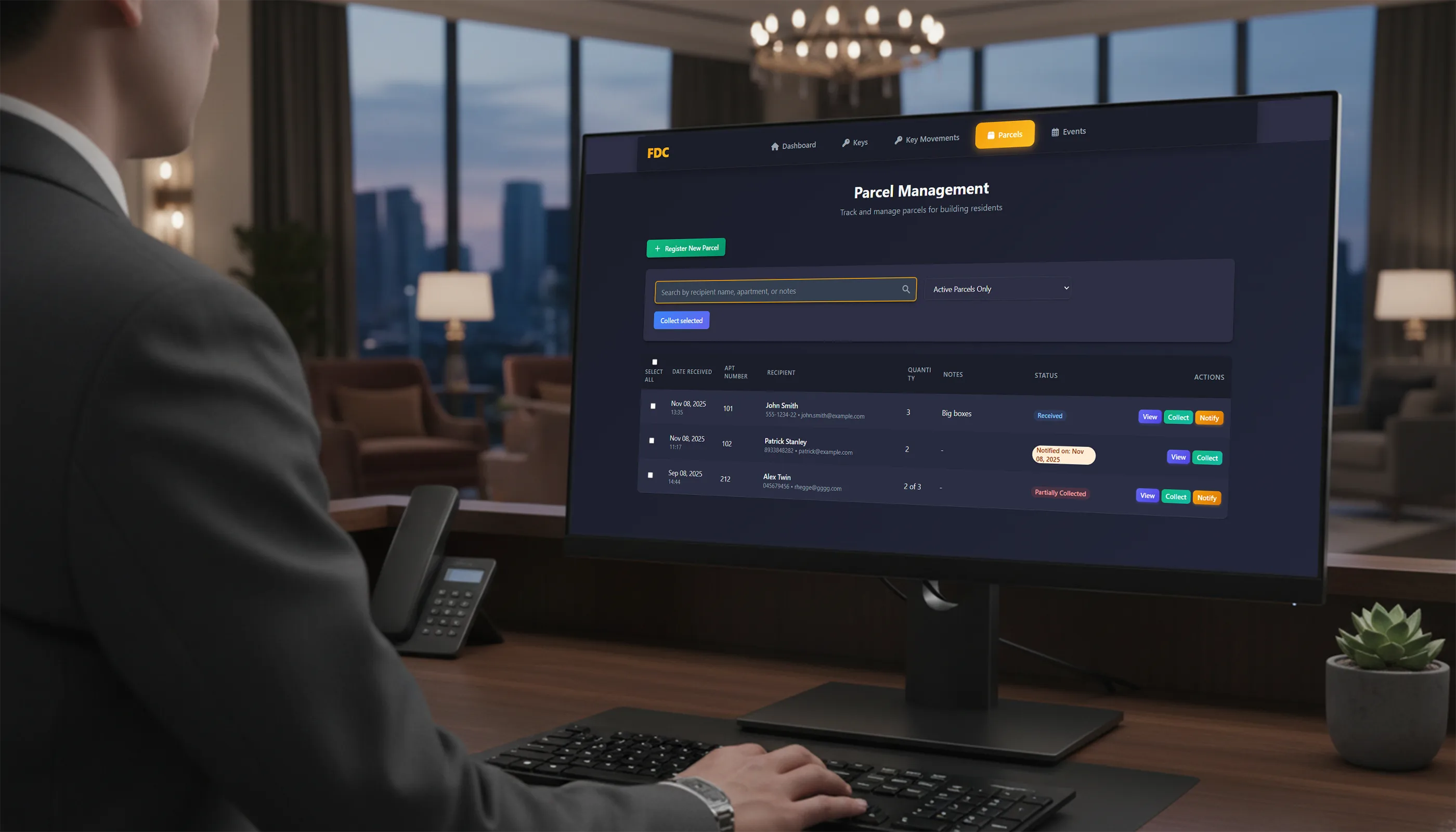 Digital parcel management system for apartment buildings - track deliveries and notify residents automatically